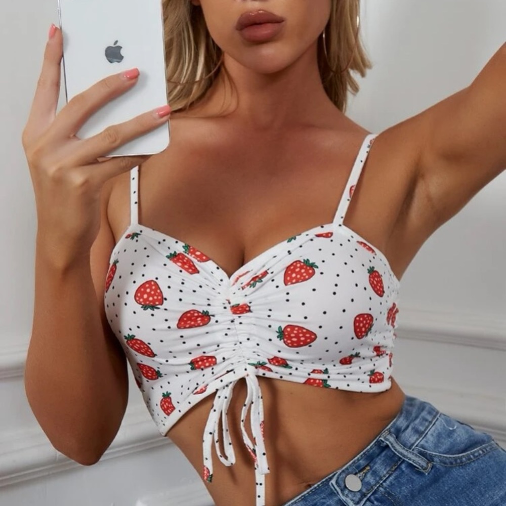 strawberry pattern tie front cropped tank top